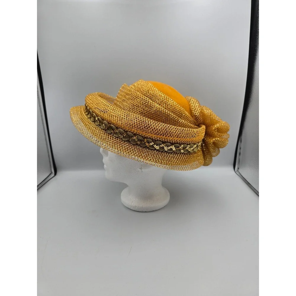 Vintage‎ Pillbox Hat Women OS Mustard Yellow Excellent Gold Mesh Sequin ,Wool